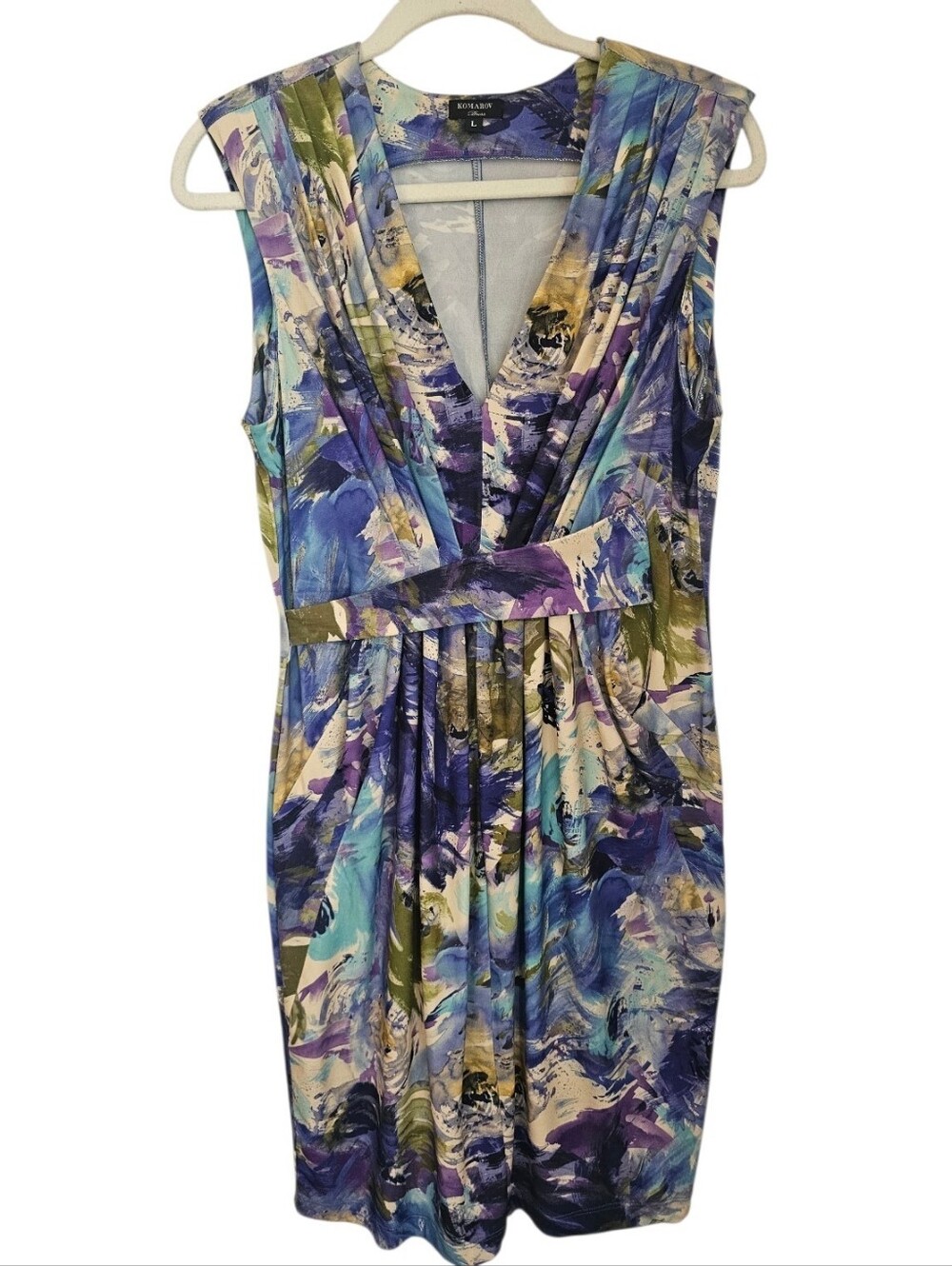 Komarov Watercolor Abstract Midsommar Pleated V-Neck Sheath Dress Made In USA L